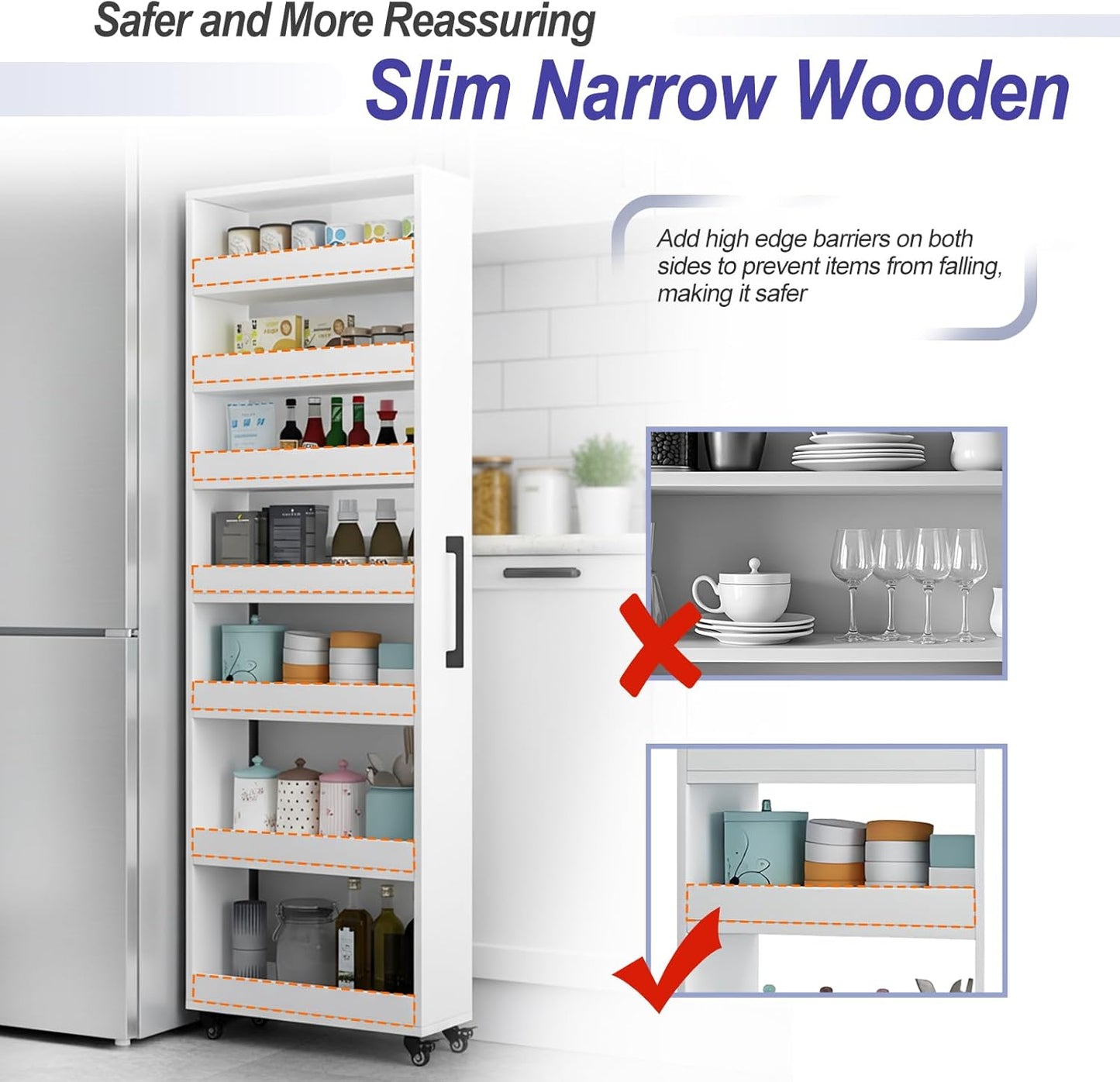7-Tier Slim Storage Cart, Wooden Rolling Pantry Cabinet with Wheels, Narrow Shelf Organizer for Kitchen, Bakers Rack, Dining Room, Closet, Small Spaces Gray 73.2''H*9.8''W*19.6''D