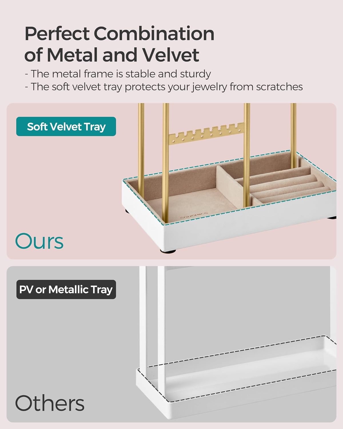 SONGMICS Jewelry Holder, Jewelry Organizer, Jewelry Display Stand with Metal Frame, Velvet Tray, Necklace Earring Bracelet Holder, for Studs, Rings, Christmas Gift, Pale Gold UJJS021A01