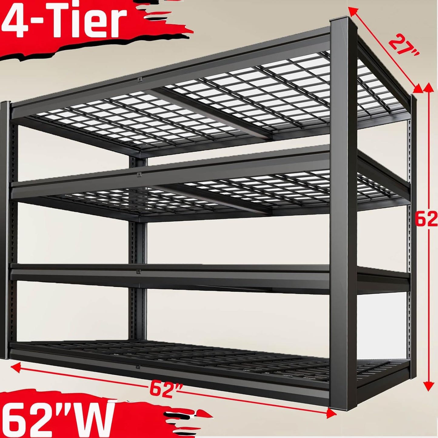 62" Wide Heavy Duty Garage Shelving Units, 4-Tier Deep Storage Shelves,Black Metal Garage Shelves,Steel Shelf,Large Storage Rack,Industrial Shelving for Shop, 62" W x 27" D x 62" H