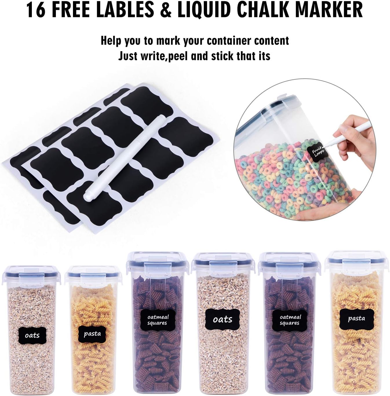Cereal Containers Storage Set - 6 Piece Airtight Large Dry Cereal Storage Containers(4 * 4L+2 * 2.5L), BPA Free Dispenser Plastic Cereal Storage Containers with 16 Labels & Pen