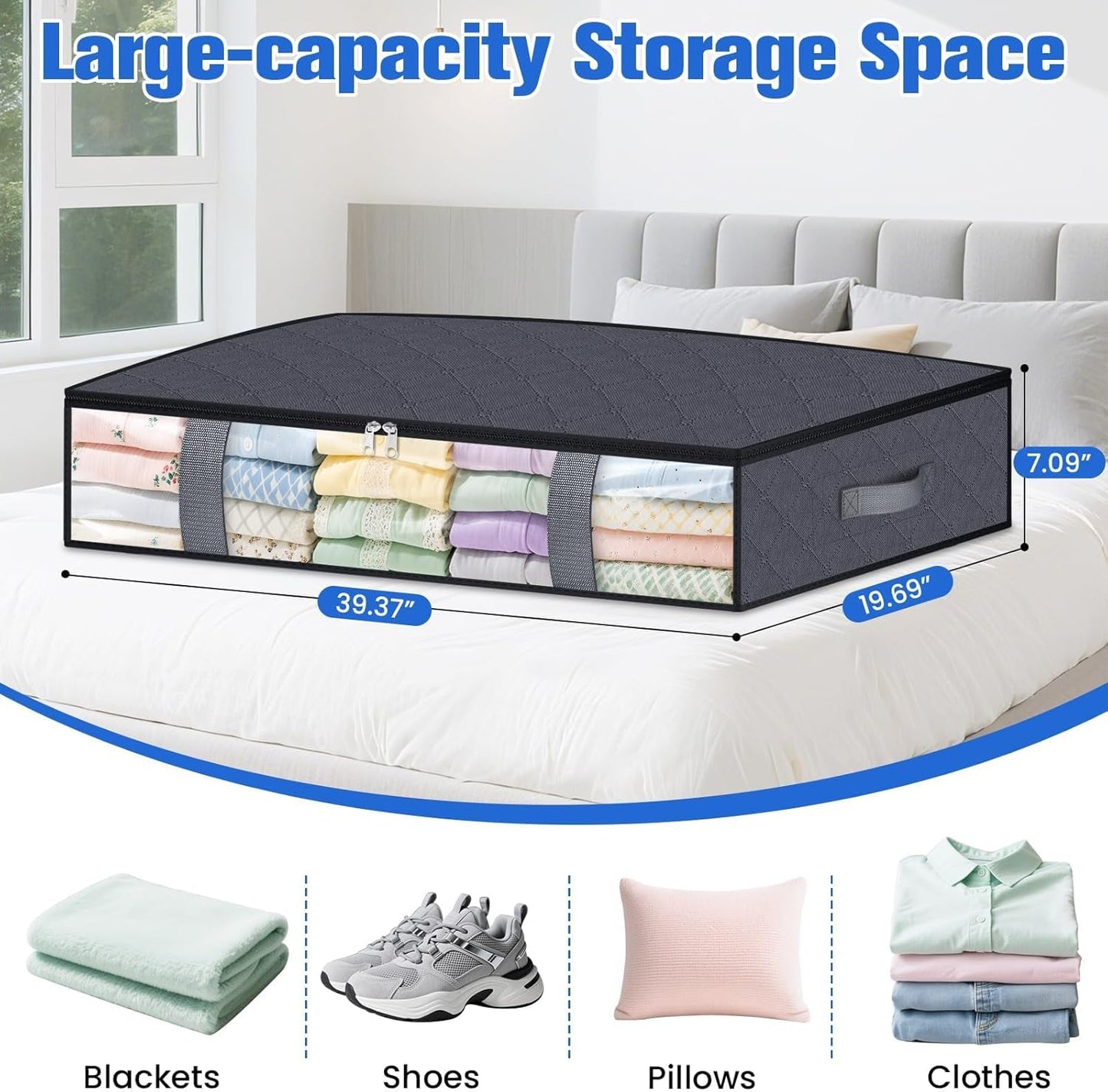 Under Bed Storage Containers, 6 Pack Blanket Storage Bags, Collapsible Storage Bags with Big Zippers, Clear Front, Shoe Storage and Organization for Clothes, Comforter, 90L, Grey