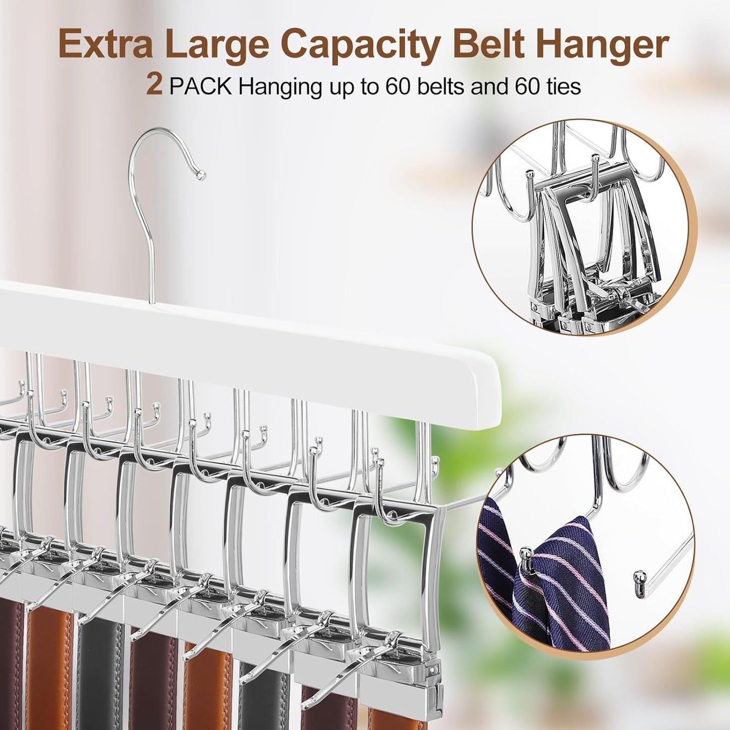 TOPIA HANGER 2 Pack 2 in 1 Belt Tie Hanger for Closet Max 60 Belts with 60 Ties Capacity, 40 Hooks Belt Tie Racks Wooden Hanger for Closet Organizer Storage “U” Fit Belt and “一” Fit Tie - CT52W