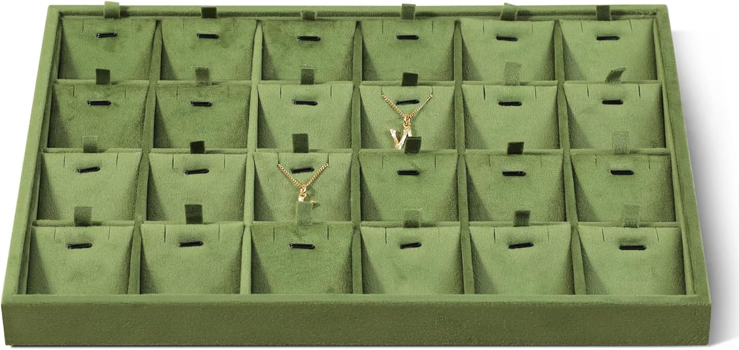 Velvet Necklace Display Tray, Stackable 24 Grid Insert Pendant Necklaces Storage Holder Plate, Jewelry Retail Countertop Organizer (Olive Green)
