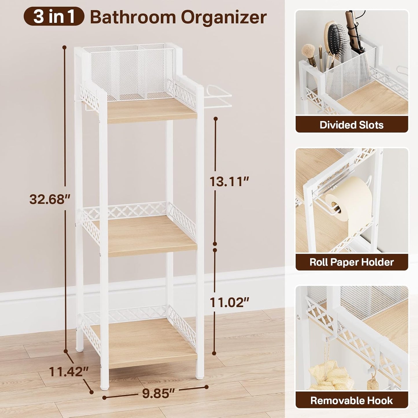 Slim Bathroom Storage Shelf Unit, 3 Tier Corner Storage, Rustic Makeup Organizer, Space-Saving Floor Standing Storage Shelves for Bathroom, Vanity,Kitchen, Laundry 9.85im Matte White