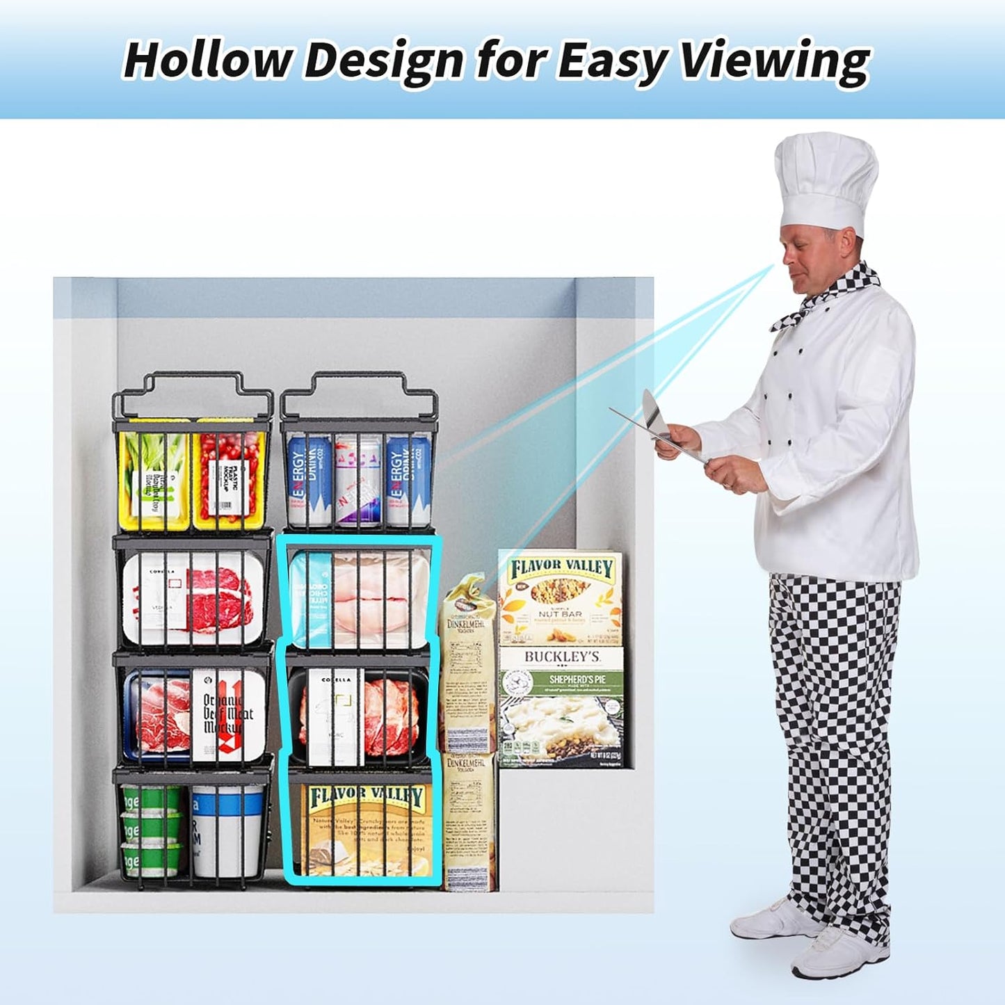4 Pack Freezer Organizer Bins(14.6‘’L X 7.1‘’W X 5.2‘’H) Suitable for 5-7 Cu.Ft Chest Freezer Sort Frozen Meats | Stackablet Chest Freezer Organizer Bins Get Food Easily w/Handle, Gifts Ideas for Mom