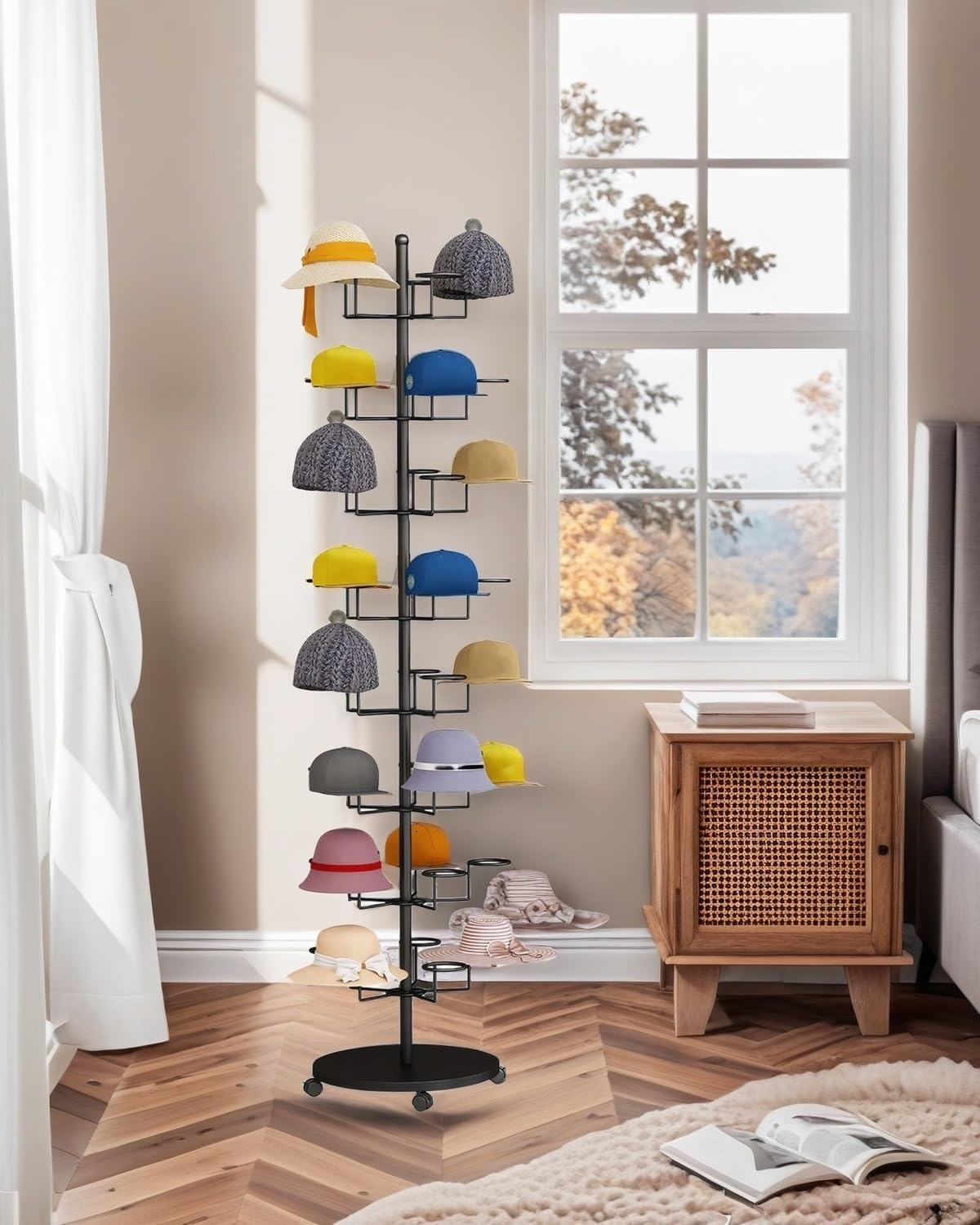Hat Rack Stand 40-Hooks, Hat Display Stand Metal,Hat Display for Stores， Home or Store of Standing hat Rack(Black,8th Floor)