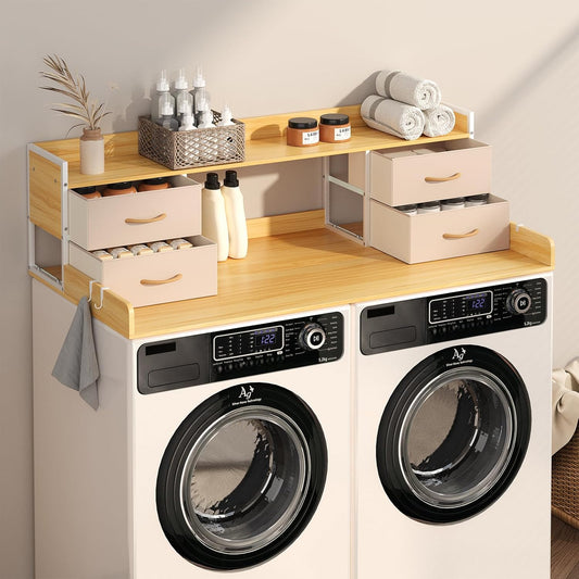 4 Drawers Washer Dryer Countertop with Shelf, 27.5" D x 54" W Laundry Topper with 3.54" High Guardrails and Non-Slip Pads,Extra Storage Organizer for Over Washer and Dryer, Holds 66 Lbs,Light Oak
