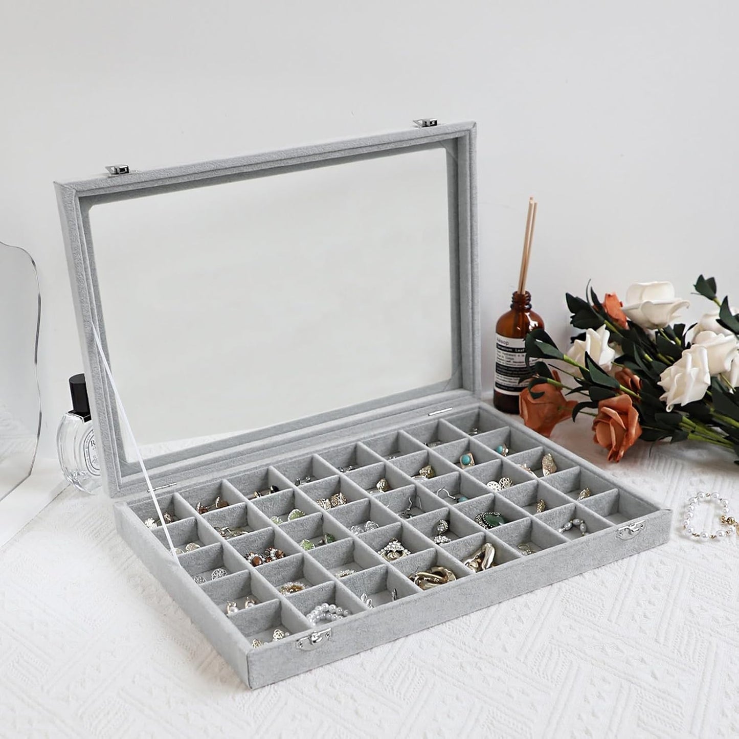 Wudygirl Jewelry Organizer Velvet Jewelry Box 40 Grid Earring Holder Organizer with Lid Ring Holder Ring Display Case Adjustable (Gray)