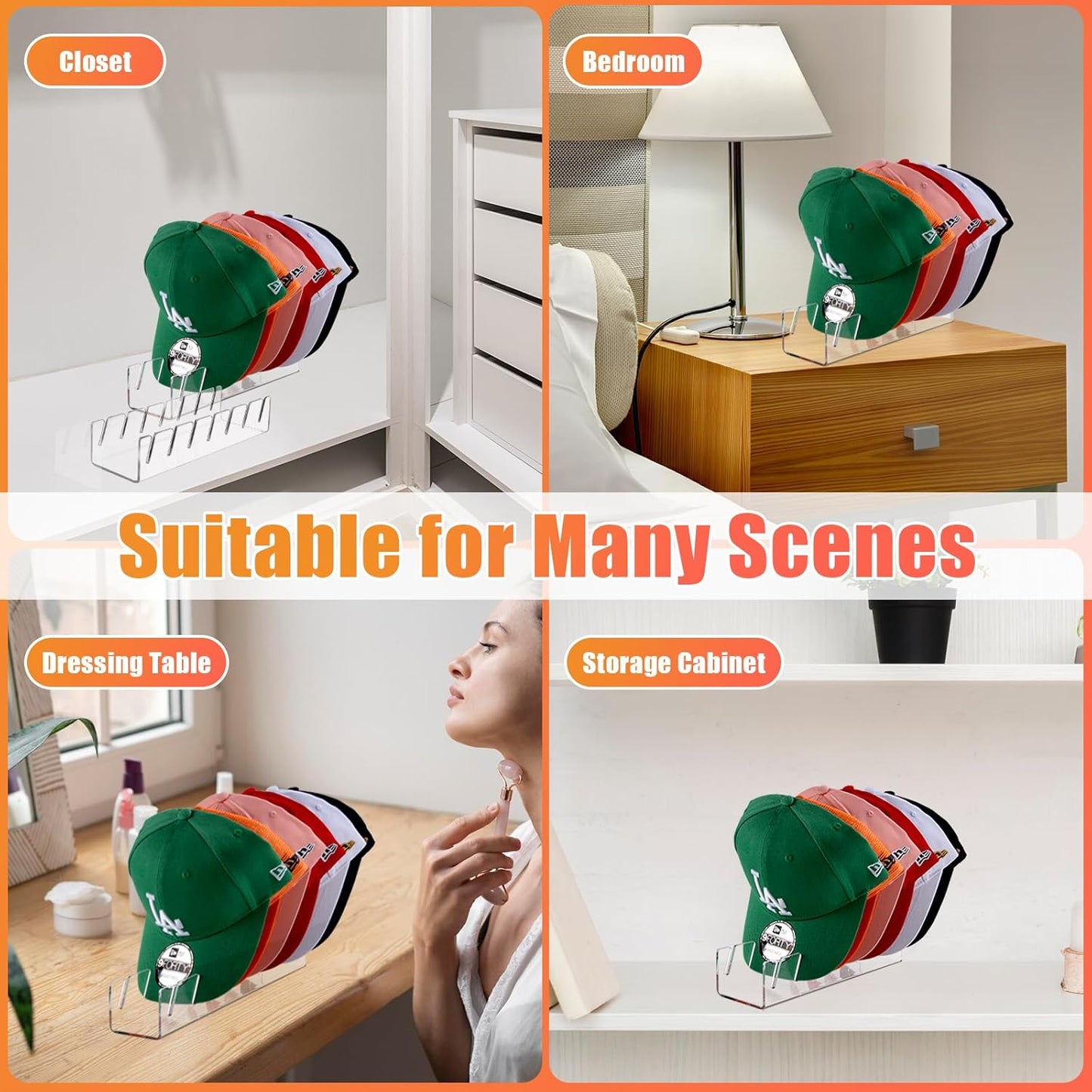 Hat Stand for Baseball Caps, 4 Pack No Install Acrylic Hat Organizer for 28 Baseball Caps Storage Organizer, Hat Racks Hat Holder Display and Organization for Closet, Bedroom, Dresser (Clear-4Pack)