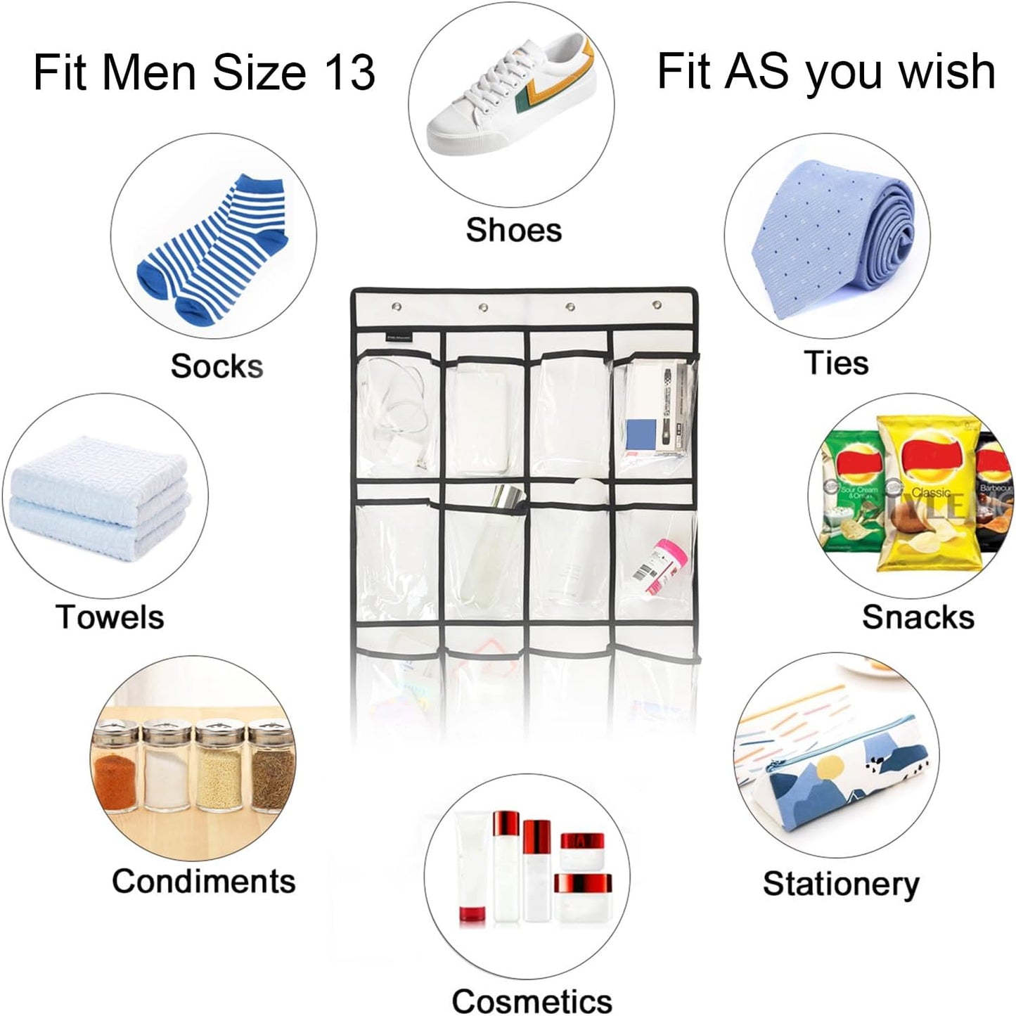 Extra Large Hanging Crystal Clear Over Door Shoe Organizers, Closet Shoe Organizer Shoe Rack Organizer Shoe Storage, 12+6Pockets, 4Hooks, white (59"x 21.6")