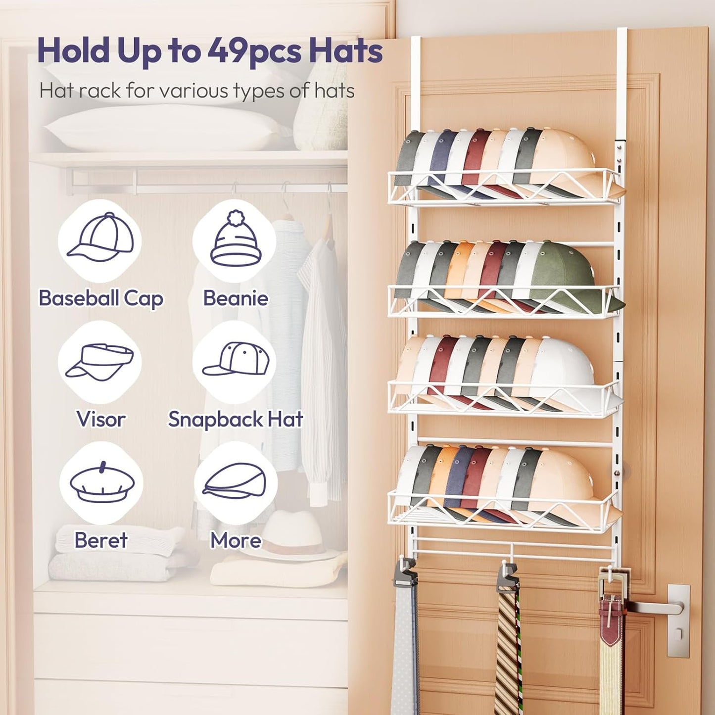 SWTYMIKI Over Door Hat Organizer - 5 Tier Wall Mounted Hat Rack with 4 Adjustable Metal Basket and 3 Hooks, Hanging Baseball Cap Organizer Storage Holds up to 49 Caps for Door, Bedroom, Closet