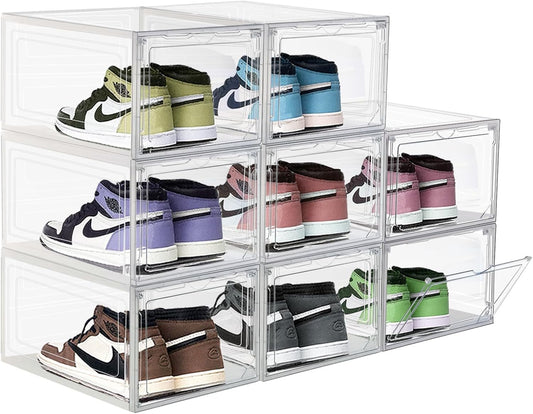 8 Pack Shoes Box Sneaker Display Case Size 13 Plastic Shoe Organizer for Closet Space-Saving Foldable Shoe Rack Sneaker Container Bin Holder