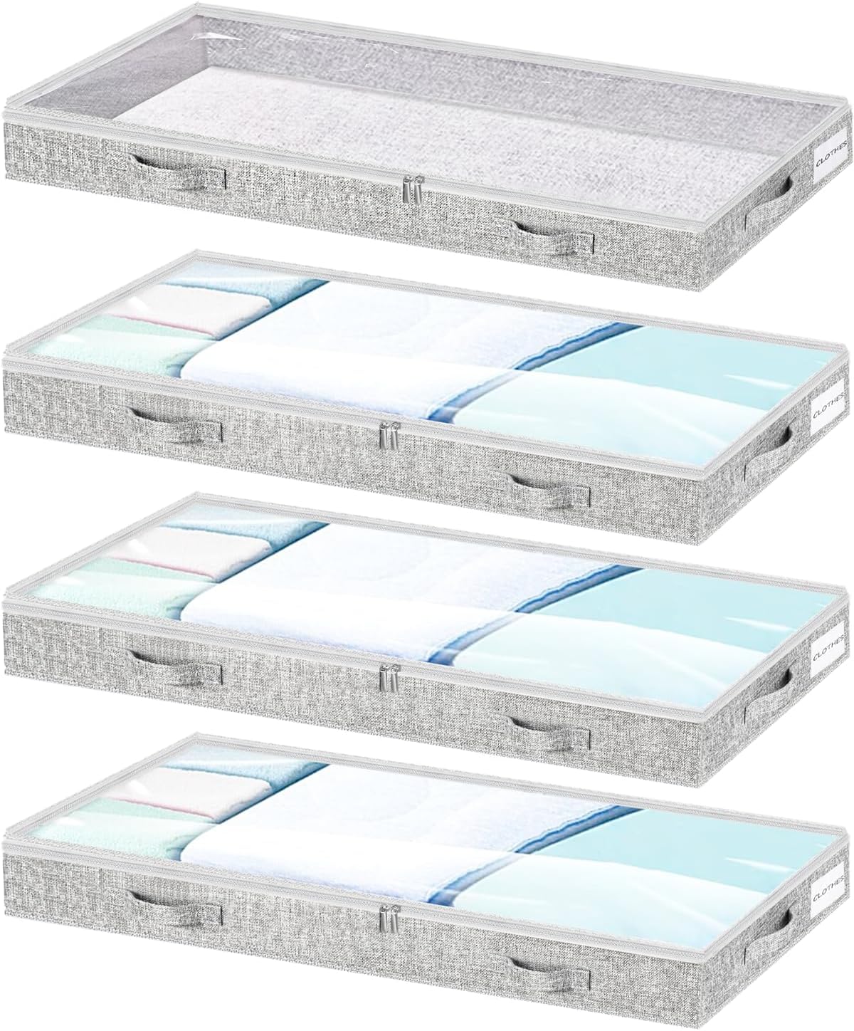 Low Profile Under Bed Storage, 3-Inch High Foldable Underbed Storage Bins with Lid & Zipper, No Structure, Super Slim Clothes Organizer for Crib Dorm Couch Low Bed, 6-Pack, Clear Top