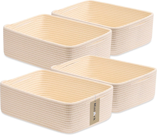 Large Shallow Organizing Baskets 15x11x5.1 Inches - Rope Woven Storage Bins for Bathroom, Shelves, Cube Closet, Beige 4 Packs