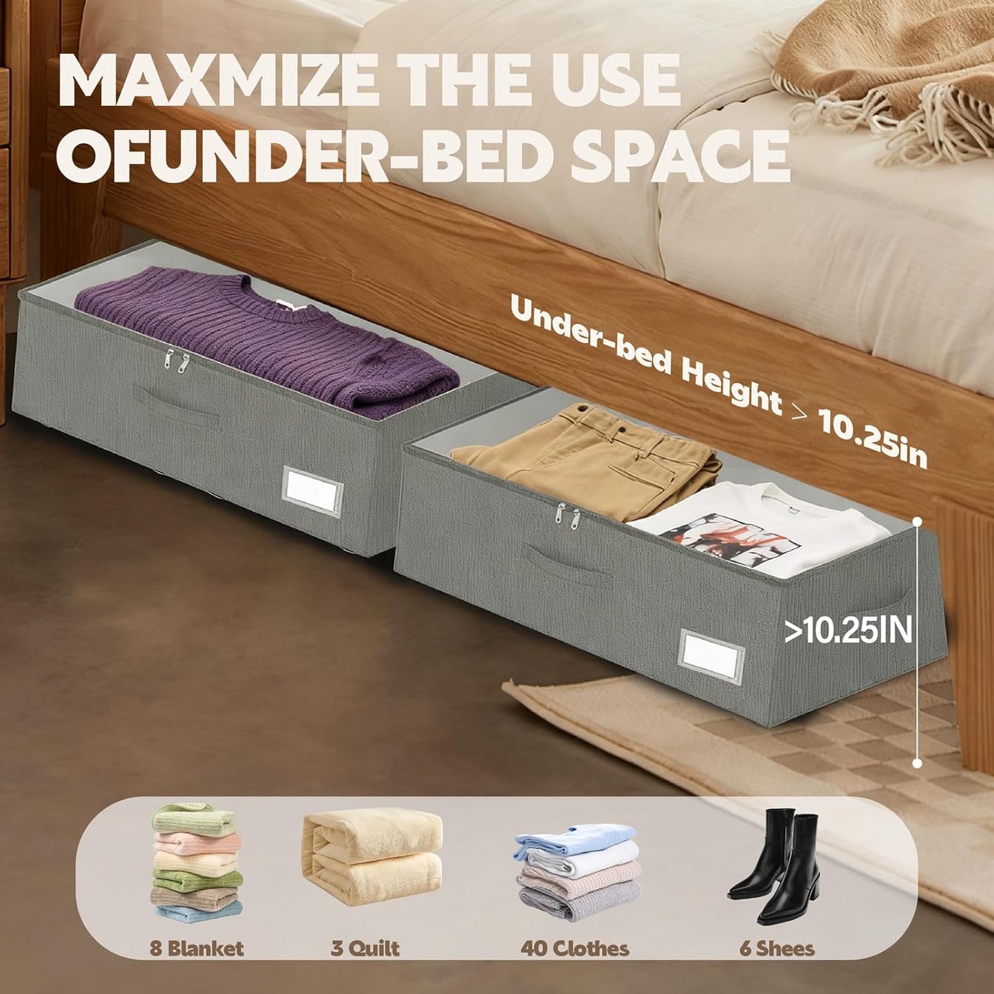 Under Bed Storage with Wheels, 2-Pack Under Bed Storage Containers, No Assemble Required 10 inches Height, Rolling underbed storage Drawers, Underbed Storage Bins for Shoes, Clothes, Blankets, Toys