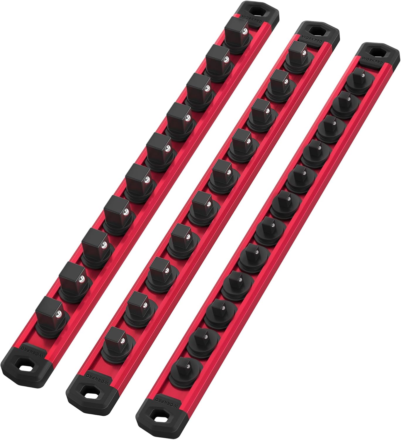 WORKPRO Magnetic Socket Organizer Set, 3-Piece Aluminum Alloy Socket Rail, Heavy Duty Socket Holder, Socket Rack Kit 1/4-Inch x 12 Clips, 3/8-Inch x 10 Clips, 1/2-Inch x 10 Clips (Red)