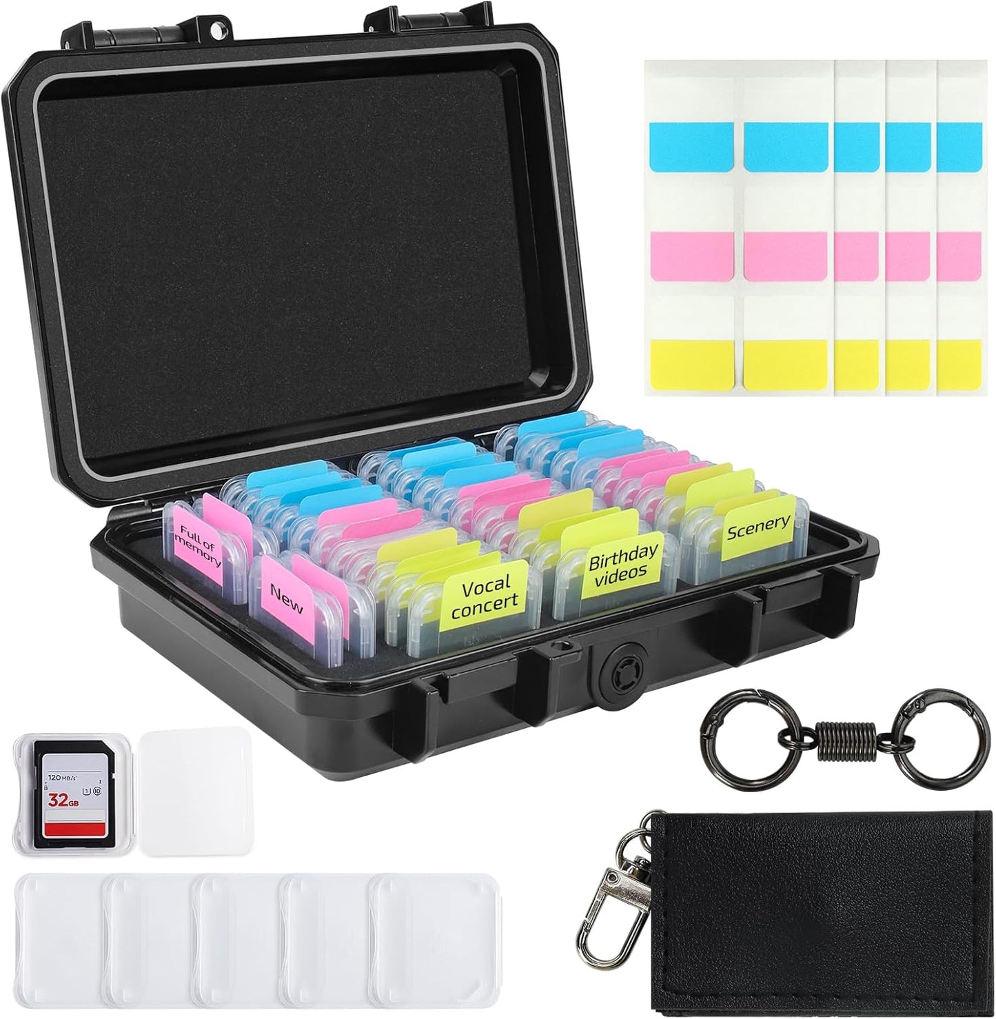 37 Slots Memory Card Case & 36 Transparent Card Cases & 60 Visual Sticky Notes, Water-Resistant Anti-Shock Anti-Dust SD Card Holder Storage,SD Card Case for Camera Memory Card Protector
