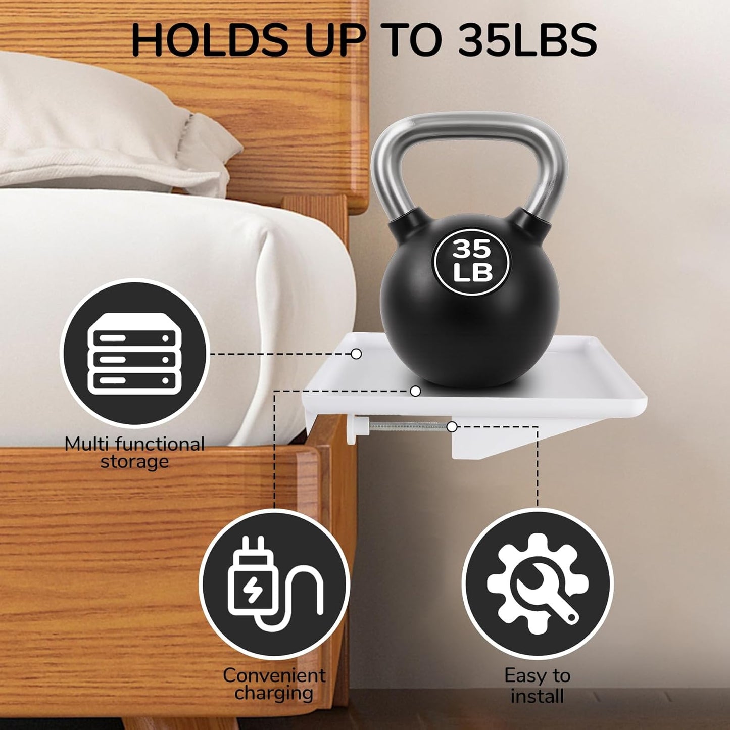 Bedside Shelf for Bunk Beds & Top Bunk, Clip On Nightstand with Cable Catch, White, 35lbs Capacity, College Dorm Room & Kids Room (White)