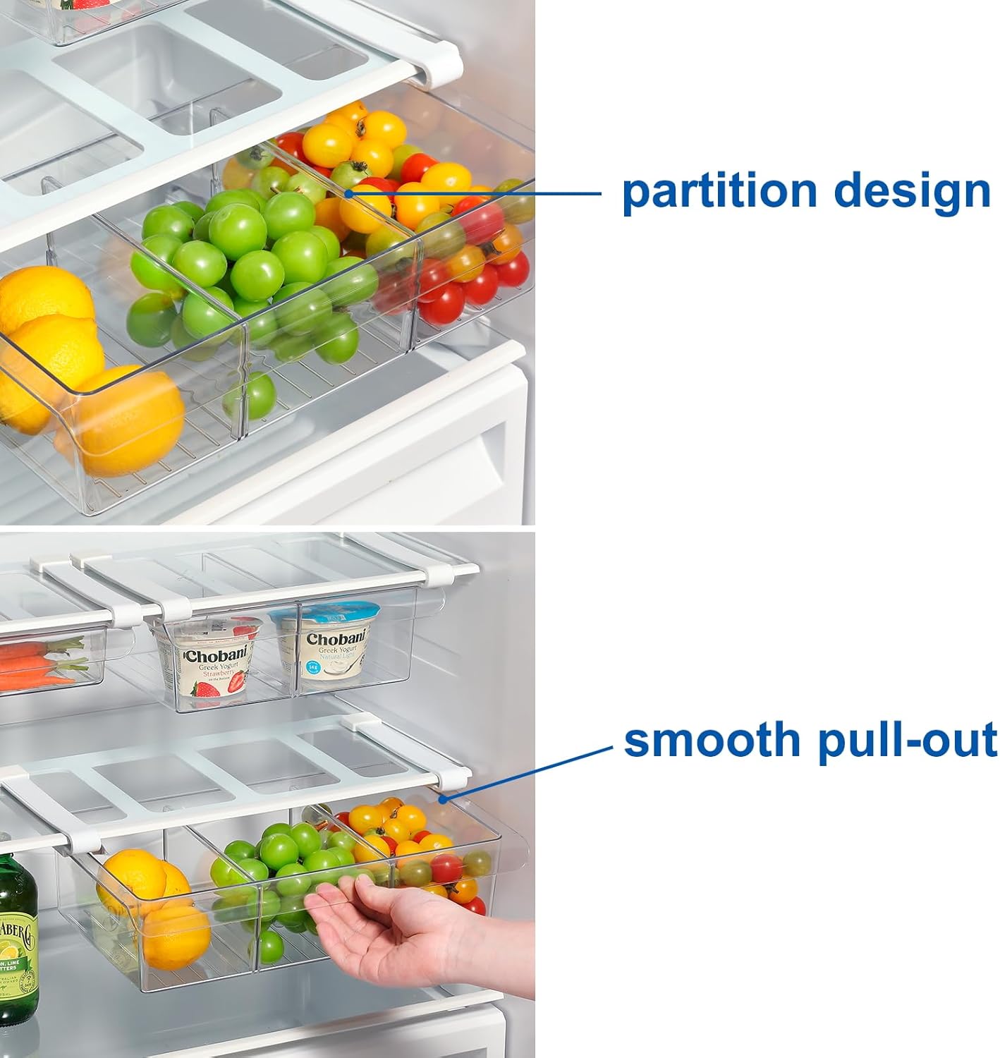 Pull-Out Fridge Drawer Organizer - Under Shelf Storage Bins for Refrigerator Organization for Fruits Vegetables, Cheese & Deli (Tall & Wide with dividers)