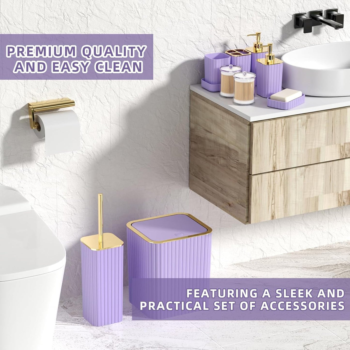 Bathroom Accessories Set - 25PC Bathroom Sets with Shower Curtain and Rugs, Purple Bathroom Set with Trash Can, Soap Dispenser, Soap Dish & Toilet Brush