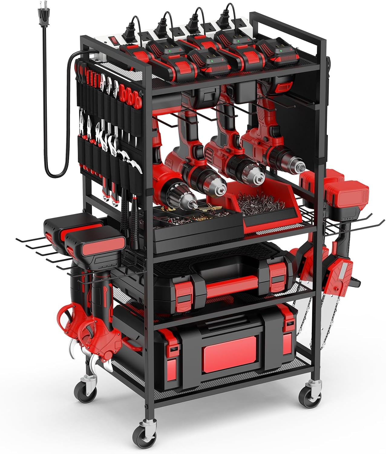 JUNNUJ Garage Large Power Tool Organizer Cart with 20A Charing Station, Heavy Duty Drill and Tools Battery Holder Storage Rack, Floor Standing Rolling Tool Cart on Wheels, Black
