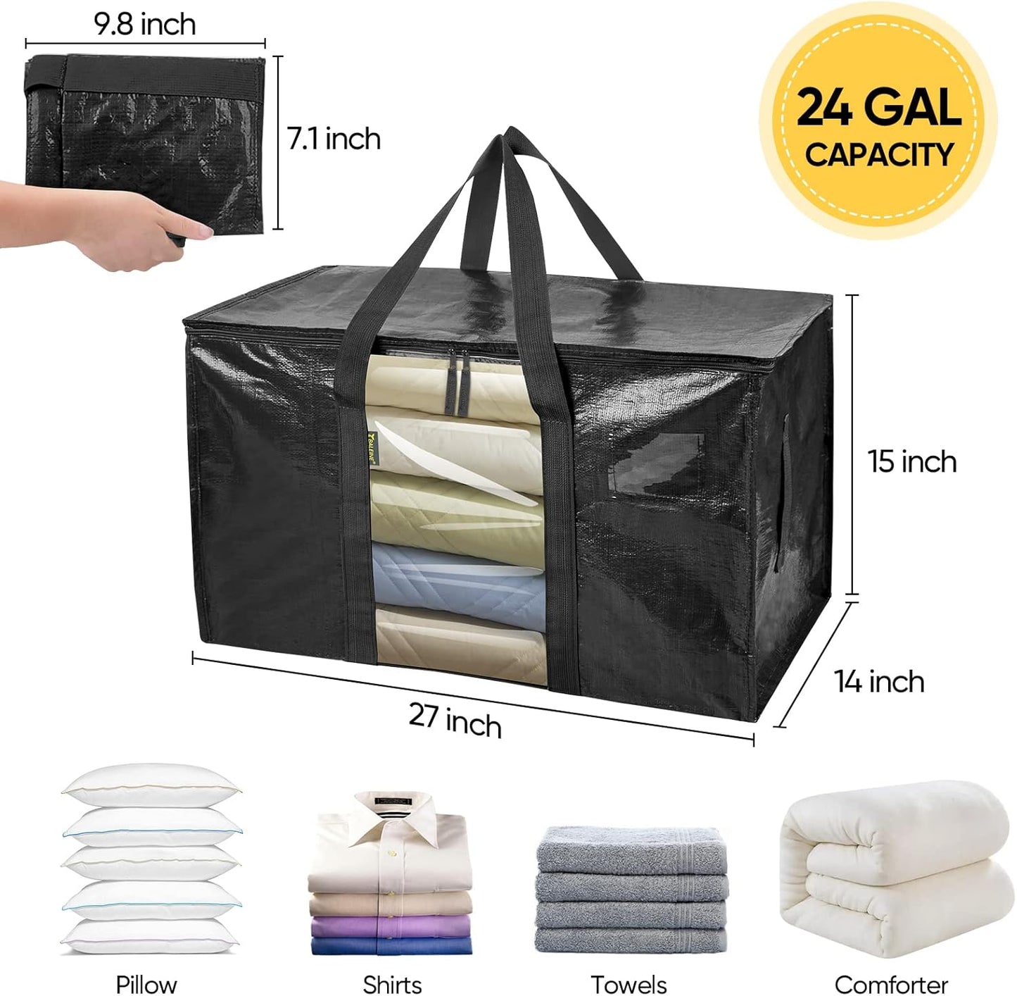 BALEINE 2-Pack Oversized Moving Bags with Reinforced Handles, Heavy-Duty Storage Tote Moving Supplies for Packaging, Camping (Black w/Window, 2-Pack)