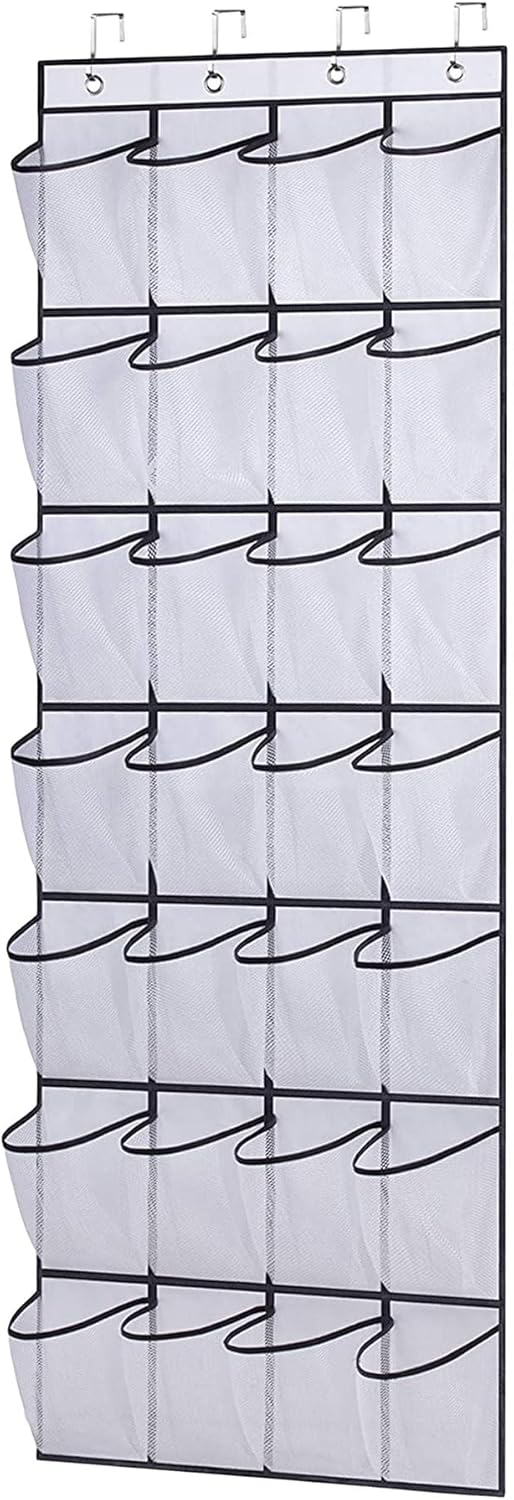 Over the Door Shoe Organizer, Hanging Shoe Organizer with 28 Mesh Large Pockets Door Shoe Rack Organizer, Space Saving Hanging Storage Holder, Hangs on Closets for Shoes, Accessories, White