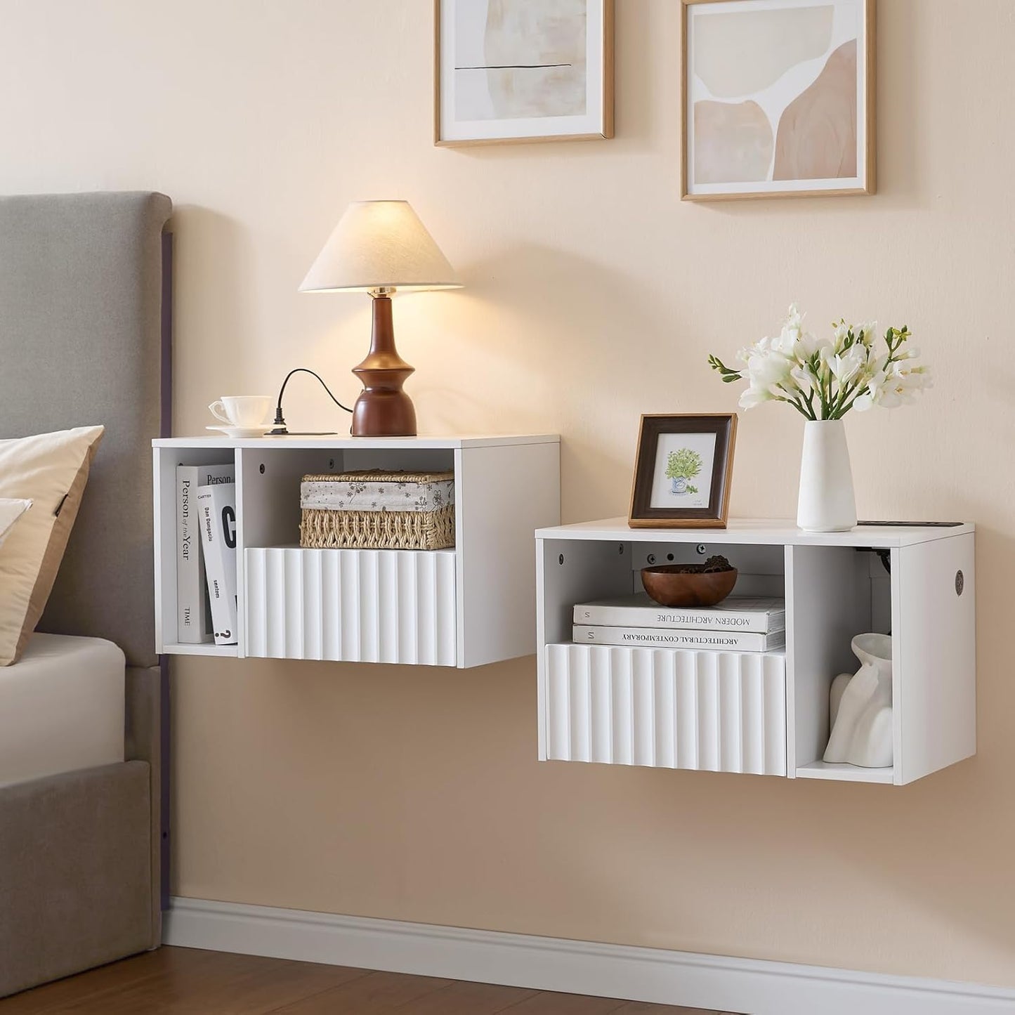 Modern Matte White Fluted Floating Nightstand with Charging Station, NightStand with Drawers, Bedside with USB Ports and Outlets, Bedroom Furniture (Set of 2)