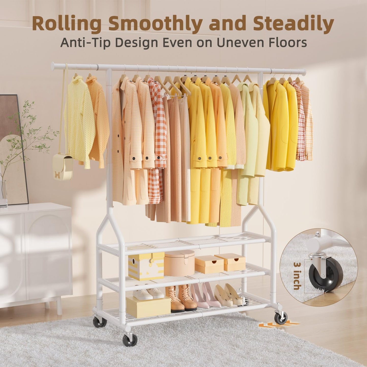 EAGMAK Heavy Duty Clothes Rack Load 688 LBS, Rolling Clothing Rack With 3 Shelves, Adjustable Metal Clothes Hanger with Wheels Portable Wardrobe Organizer Garment Rod for Hanging Clothes (White)