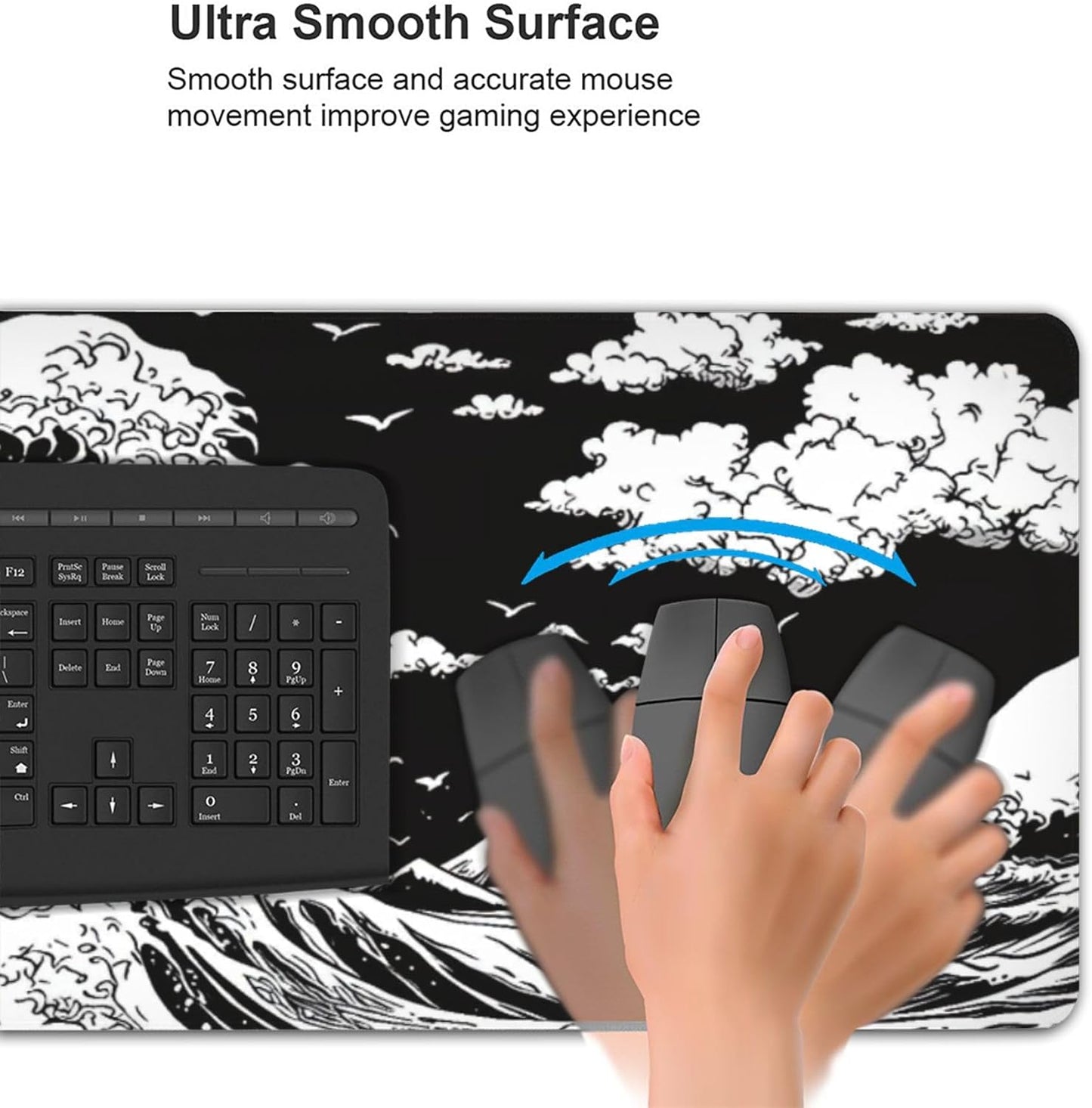 Japanese Sea Wave Large Mouse Pad, Anime Style Gaming Desk Mat, XXL Keyboard Desk Pad Mat for Desktop, 35.4"x15.7" Non-Slip Base Big Mousepad with Stitched Edges