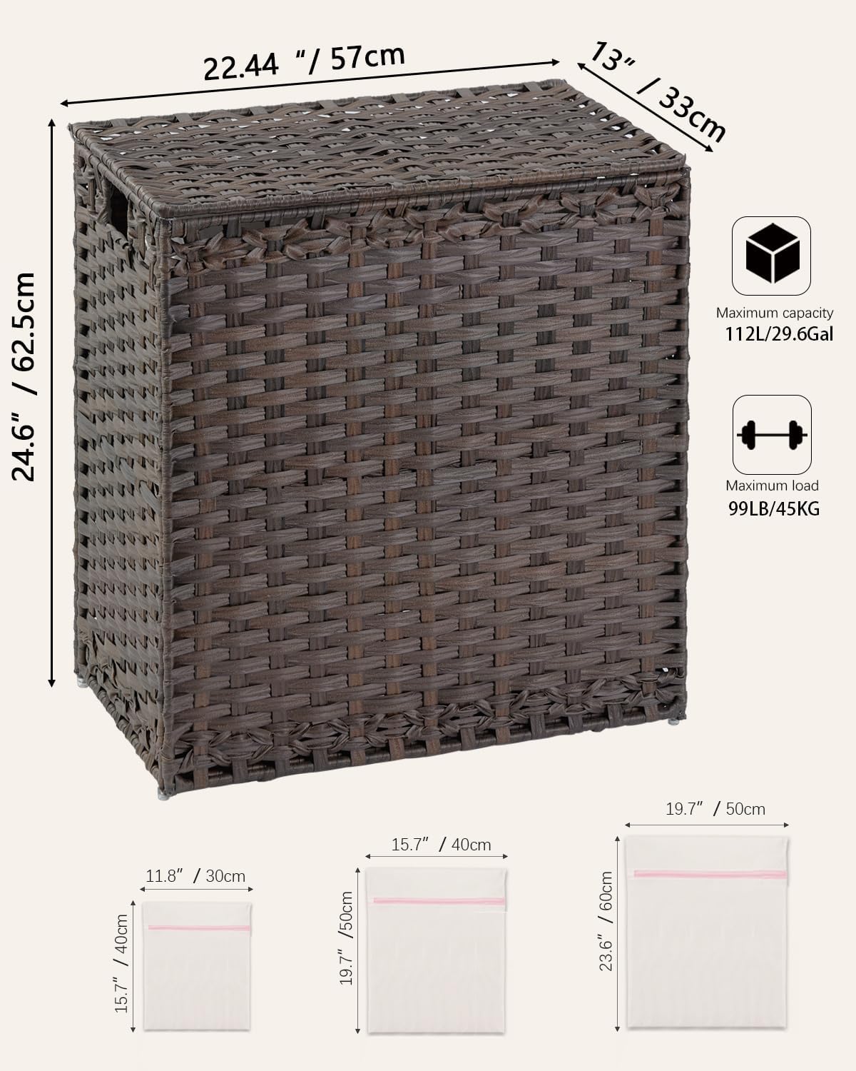 Laundry Hamper with Lid Wicker Laundry Basket 112 L (29.6 Gal) Laundry Hampers Handwoven Rattan Laundry Hamper with Handles 3 Removable Washing Bag, 6 Mesh Bags for Bathroom Bedroom Brown