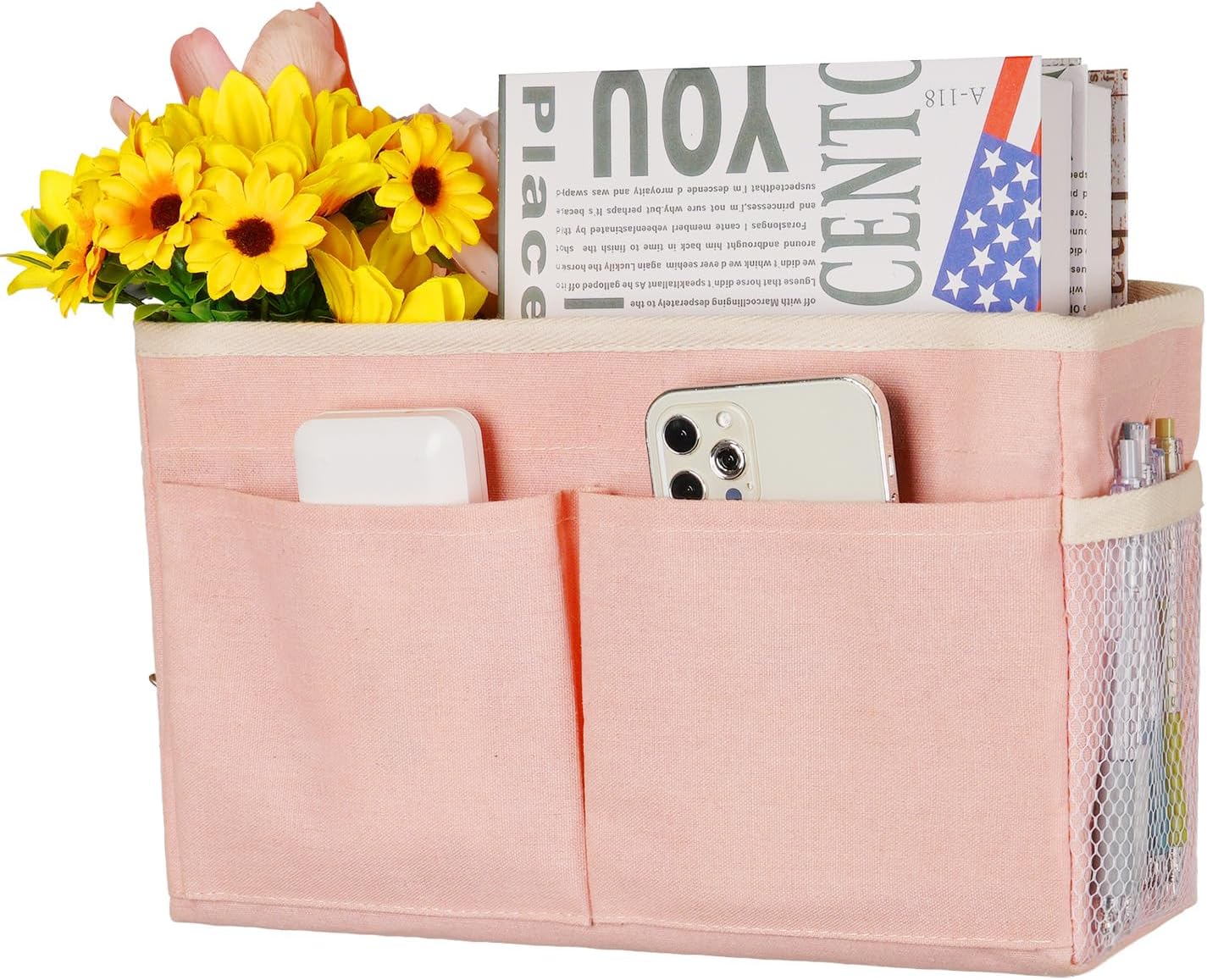 Bedside Caddy Hanging Storage with Water Bottle Holder for Bunk Bed Hospital Bed Dorm Rooms (Pink)