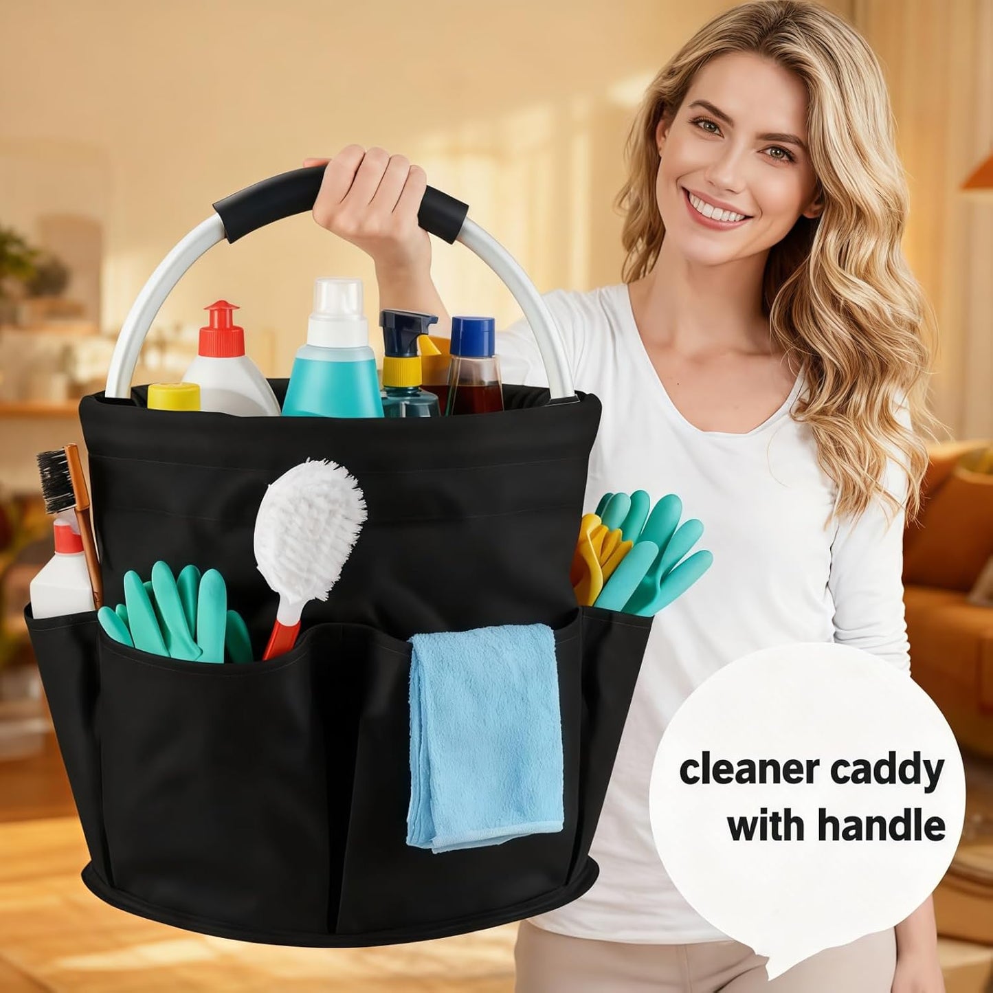 17L Cleaning Caddy With Handle, Foldable Storage Cleaning Product Organizer, Cleaning Caddy Organiser, Outdoor Camping，Portable Multifunctional Cleaning Bucket tool Bag Organizer (black)
