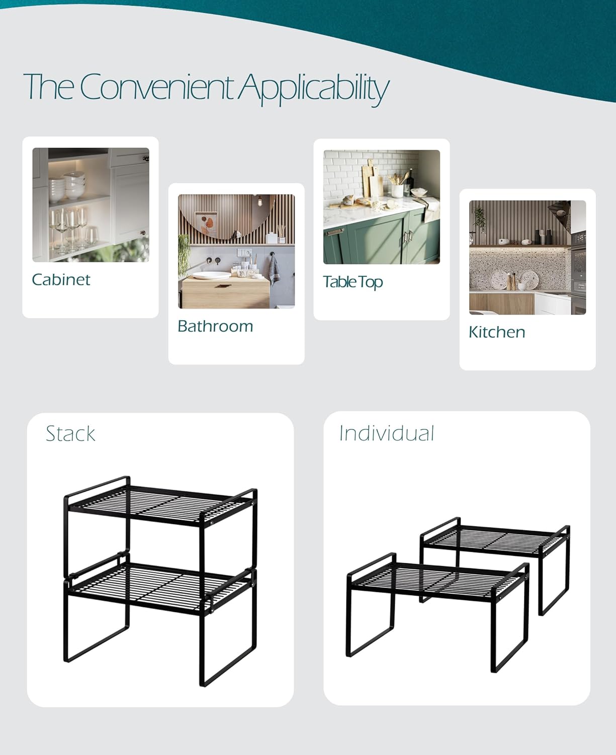 2Pack Kitchen Cabinet Shelf Counter Organizer Rack Pantry Storage Bathroom Bedroom Office Table Desk Space Saving Stackable Rust Resistant Non Slip Black Wide L13.1in W10.6in H7.3in