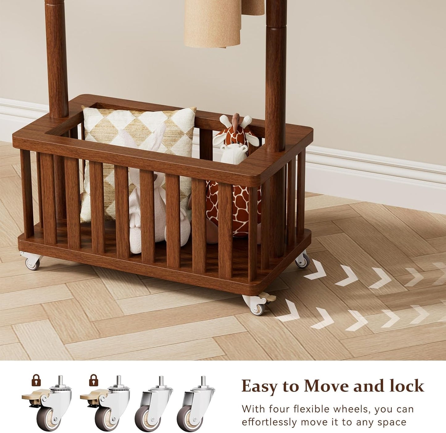 Solid Wood Coat Rack Clothes Rack, Coat Rack Freestanding with Storage Basket and 5 Hooks, Heavy Duty Coat Tree for Entryway, Living room, Coat Hanger Stand for Hats, Bags Clothes