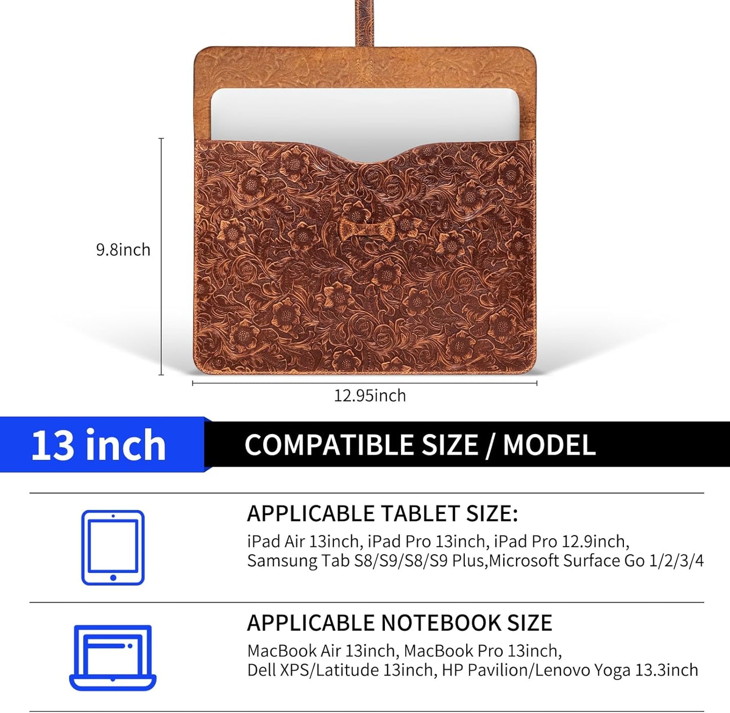 Genuine Leather Laptop Sleeve,Compatible with MacBook Pro 13 Inch M2 M1(2025-2016)＆MacBook Air 13 Inch M4 M3 M2 M1(2025-2018),Vintage Protective Computer Case with Floral Pattern,Buckle Brown