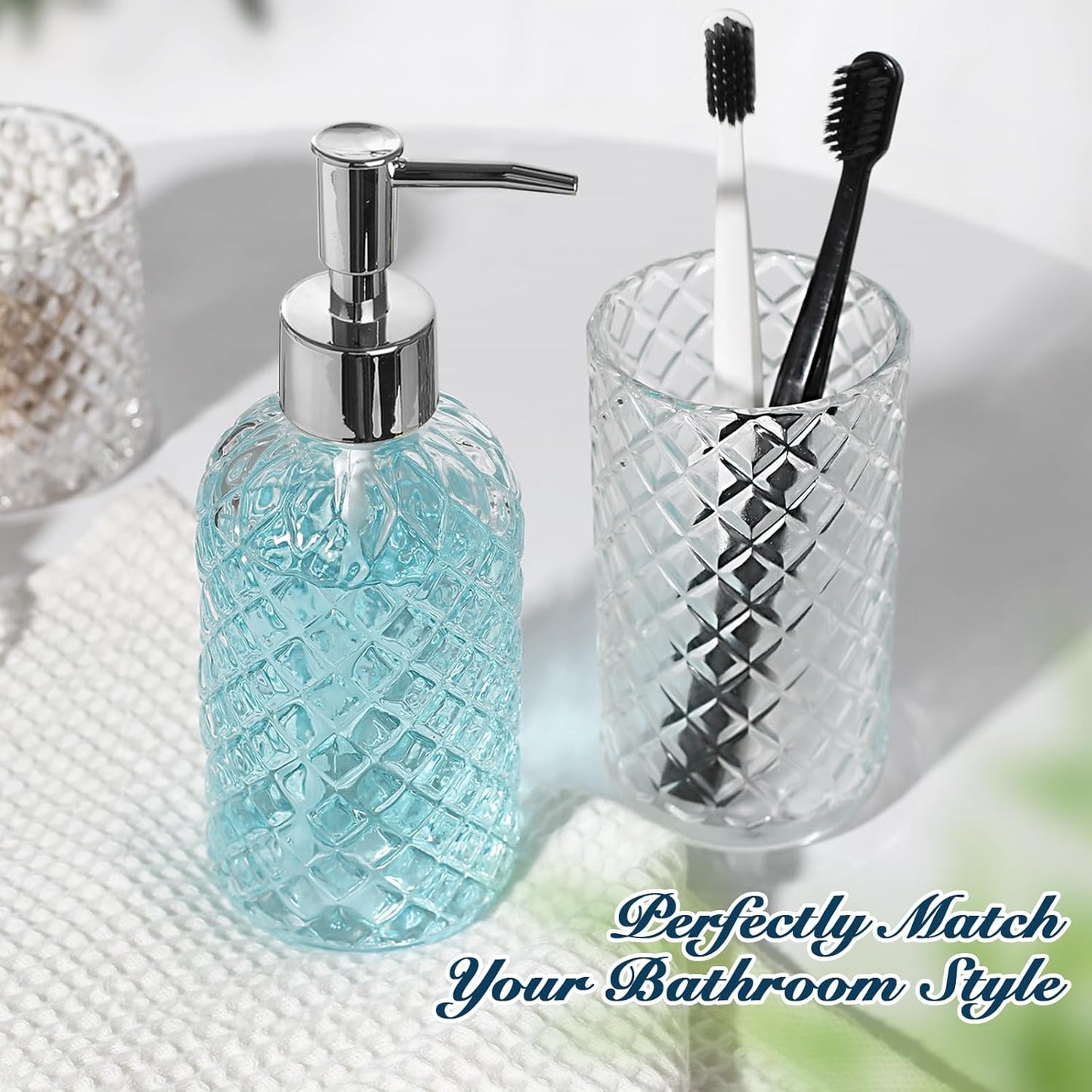 Bathroom Accessories Set, 4 Pack Clear Glass Bath Accessory Sets Complete, Diamond Soap Dispenser and Toothbrush Holder Set for Bathroom Counter Organizer Essentials, Modern Bathroom Decor