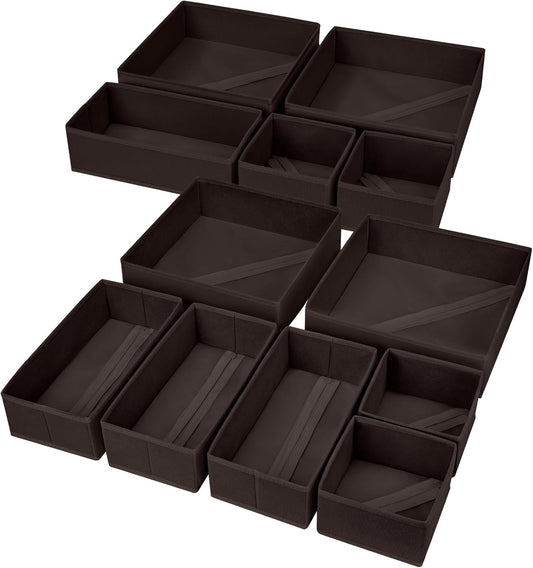 DIMJ Drawer Organizer Clothes, 12 Pack Underwear Organizer, Foldable Closet Organizers, Sock Organizer Bra Organizer, Fabric Dresser Organizer for Clothes, Bra, Socks, Tie (Brown)