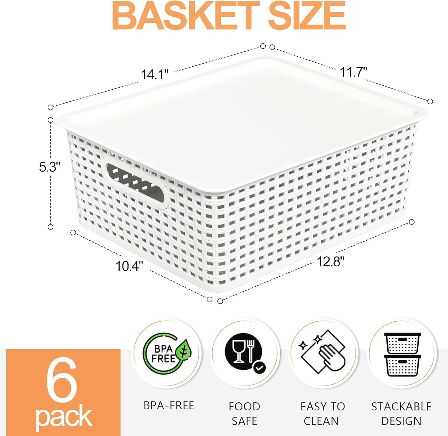 Wekioger Plastic Woven Baskets with Lids, Large White Storage Basket, Set of 6