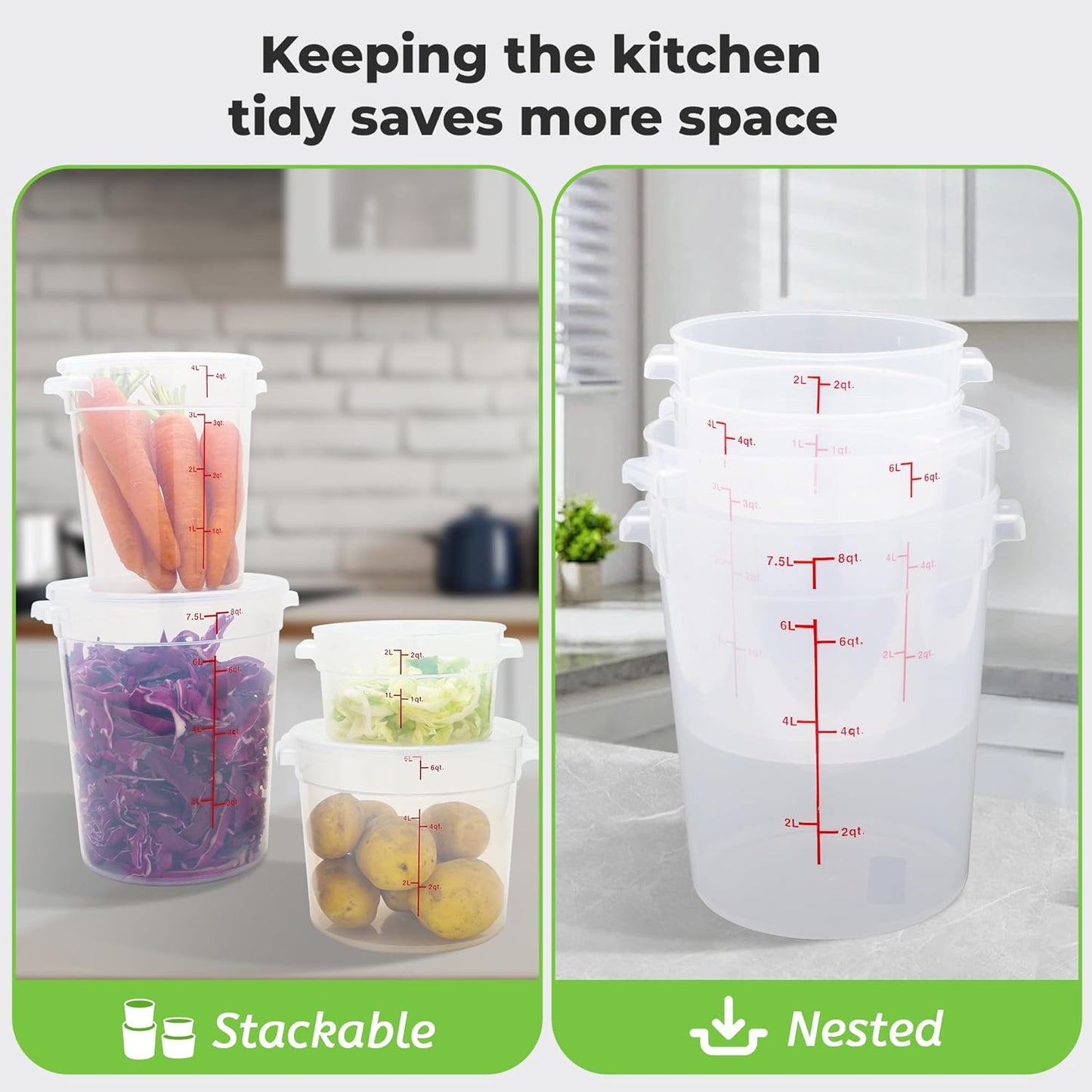 4 Pack Round Food Storage Containers with Lids, 22Qt Large Translucent Food Container, Polypropylene, BPA Free, Includes Labels & Measuring Cups