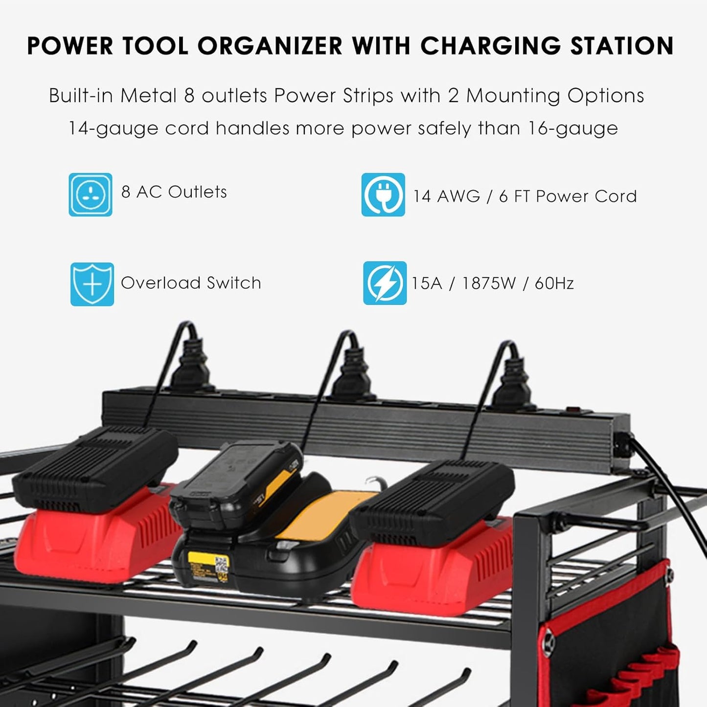 Garage Power Tool Organizer Cart with Charging Station, Floor Stand Rolling Drill Holder and Tool Battery Storage Cart on Wheels, 3-Layer Utility Rack Shelf with 8 Outlet Power Strip,Black