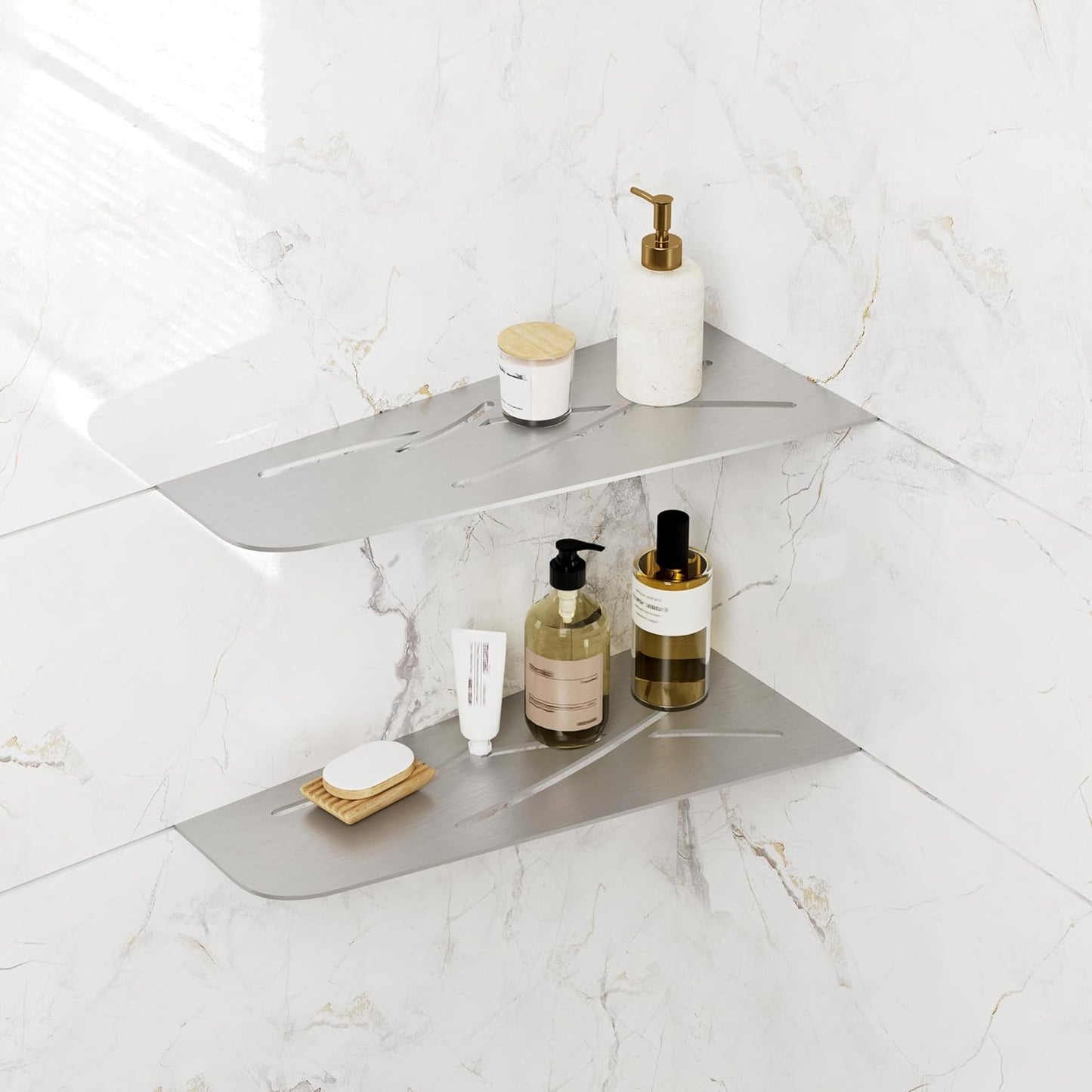 FerdY 2-Pack 12" Brushed Nickel Recessed Corner Shower Shelf, for Tiled Bathroom Walls, 304 Stainless Steel Floating Shower Shelf, Shower Caddy Storage Shelves, No Drilling Required, Trapezoidal