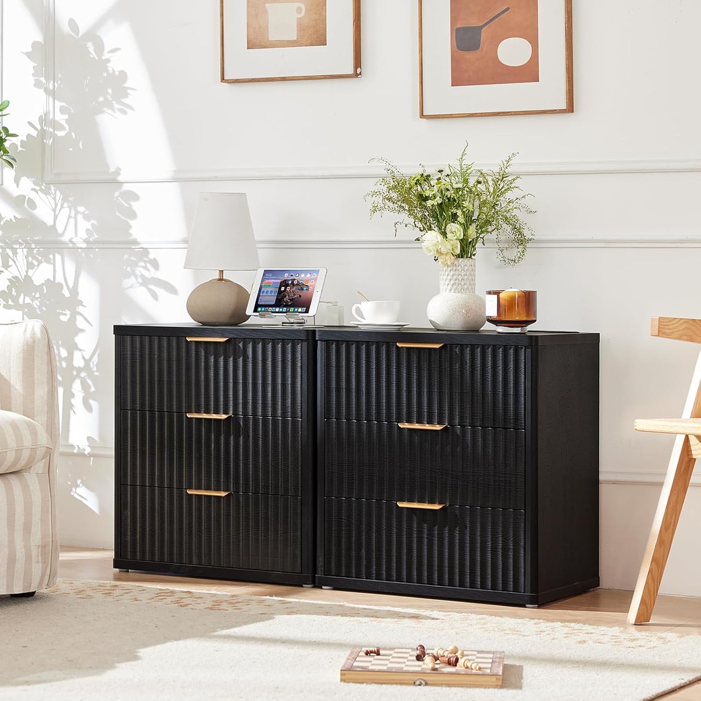 LEYAOYAO 23" Wide Fluted Farmhouse Night Stand Set of 2 with Charging Station, 3 Drawers Large End Table w/Metal Handle,Black Nightstand Bedside Table,Wood Dresser for Bedroom, Closet