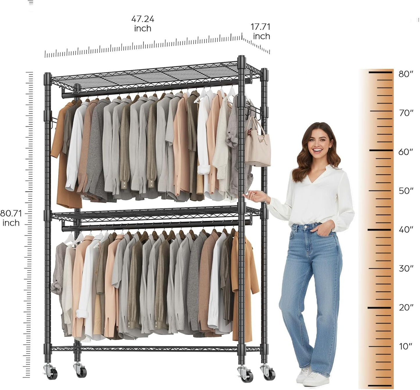 BATHWA Heavy Duty Garment Rack on Wheels, Rolling Clothes Racks for Hanging Storage, Simple Sturdy Metal Wardrobe Closet with Double Rods, 8 Side Hangers, 3 Shelves, Black