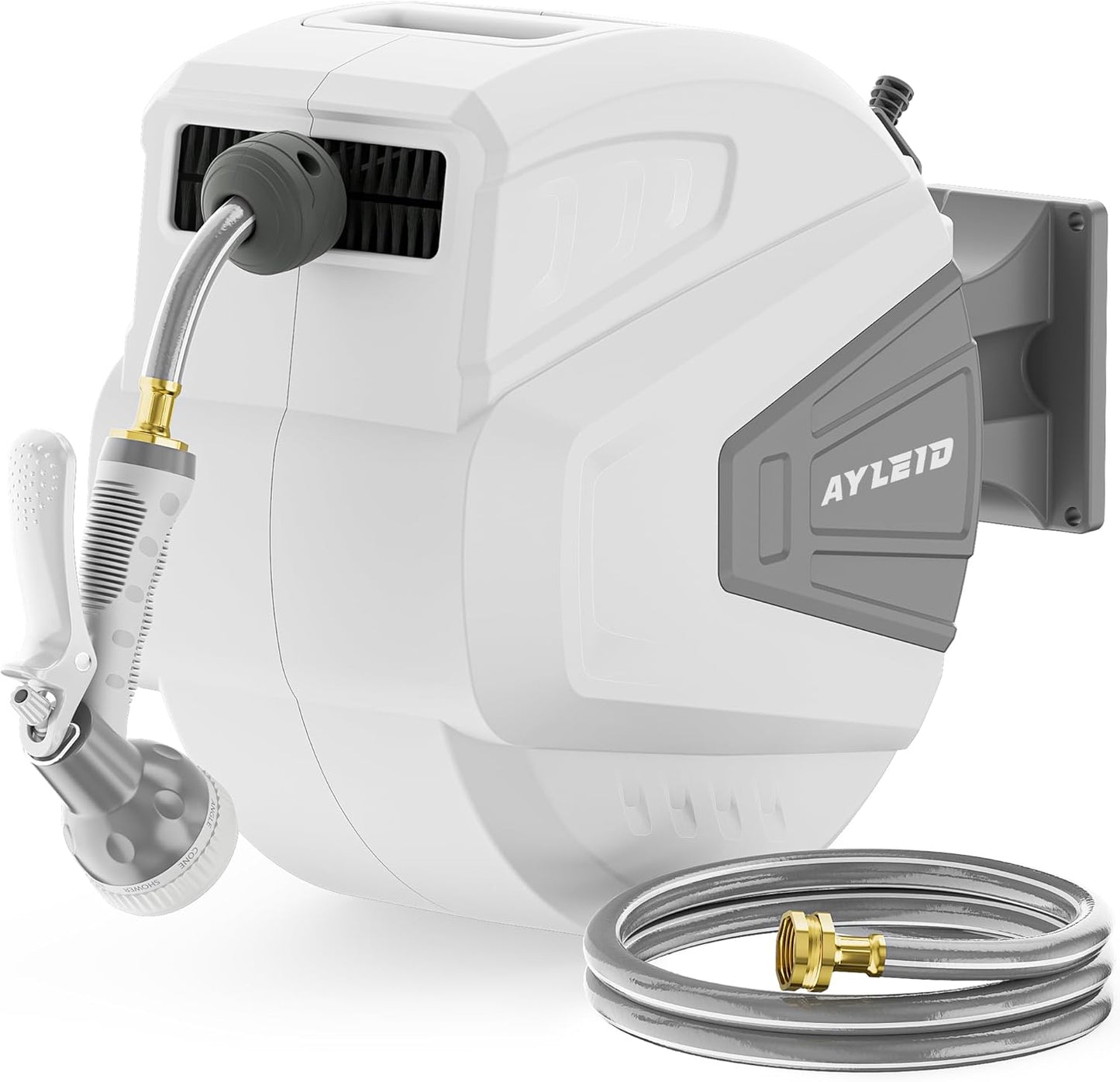 Ayleid Retractable Garden Hose Reel,1/2 in x 100 ft Wall Mounted Hose Reel, with 9- Function Sprayer Nozzle, Any Length Lock/Slow Return System/Wall Mounted/180°Swivel Bracket (Grey)