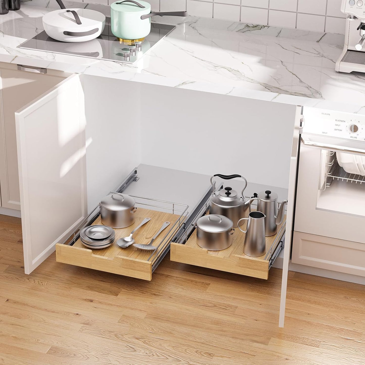 Pull Out Cabinet Organizer,Heavy-Duty Slide Out Shelf, Wood And Wire Basket, Pull Out Drawer for for Kitchen Under Sink Space, Pantry, Bathroom (26 * 21 WM)