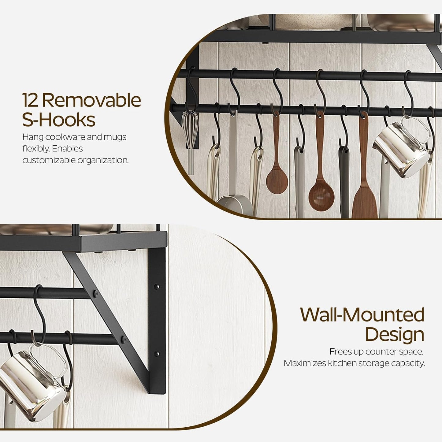 Wall Mounted Pot Rack, 23.8 Inch Pot and Pan Organizer with 2 Tier Hanging Rails, 12 S-Hooks, Metal Pot Rack for Kitchen Cookware Organizer, Space Saving, for Kitchen Utensils, Black PR01BK
