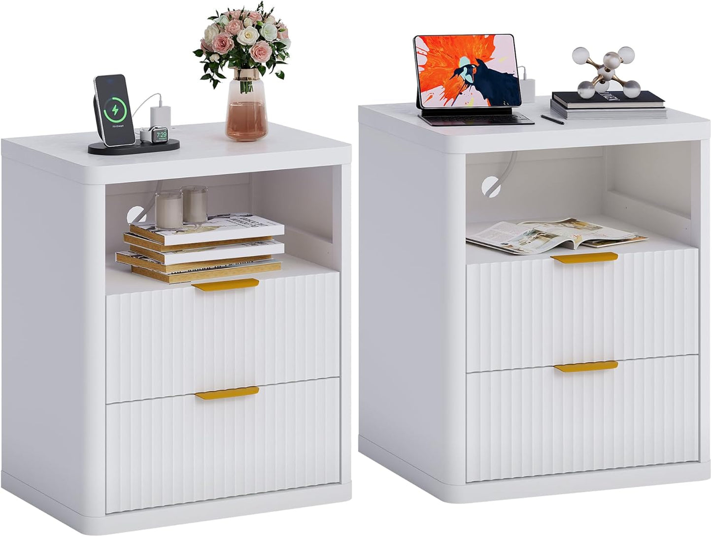 Fluted Nightstand Set of 2 with Charging Station, Bedside Table with 2 Drawers and Open Storage Space, Metal Handles and Rounded Corners for Safety, Mid Century Modern End Table, Bedroom, Living Room