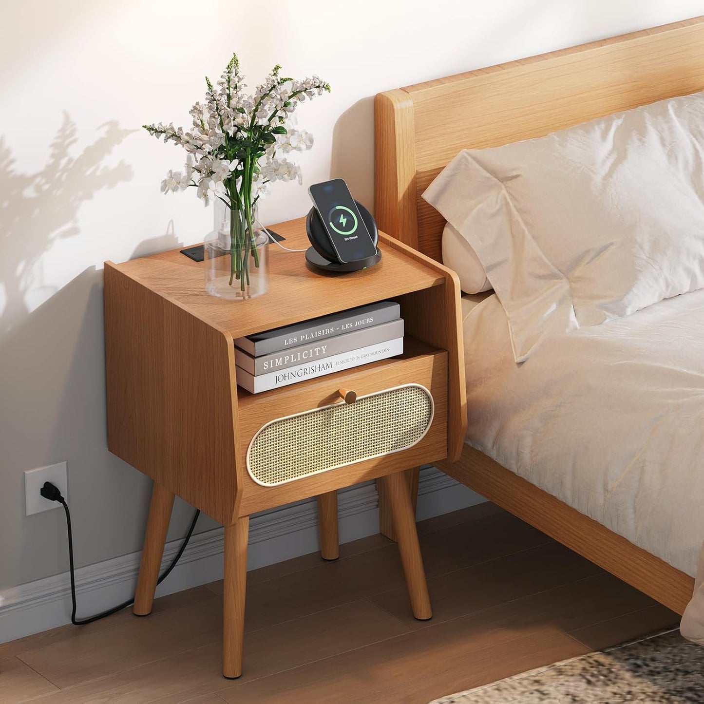 Night Stand Set 2, Mid Century Modern Nightstands, Rattan Bedside Table with Charging Station, Boho End Table with Drawer Storage, Solid Wood Legs Bed Side Tables for Bedroom, Cherry