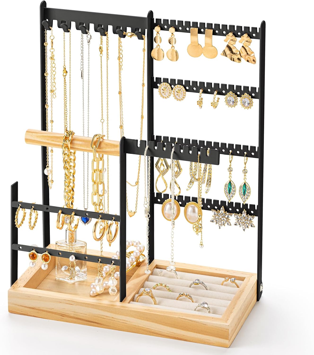 DreamGenius Jewelry Organizer Stand with Velvet Ring Holder, 4 Tier Jewelry Holder Organizer with 11 Hooks for Necklaces and 132 Holes for Earrings, Black